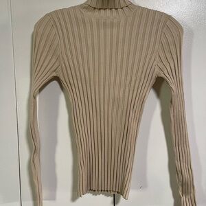 Tracy M Ribbed Turtleneck Sweater in Beige